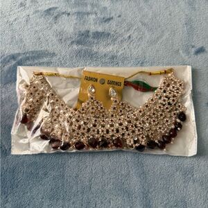 Beaded Bridal Necklace Set with Maroon Drop Earrings and Maang Tikka